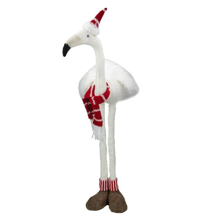 20" Plush White and Red Standing Flamingo Christmas Tabletop Figurine
