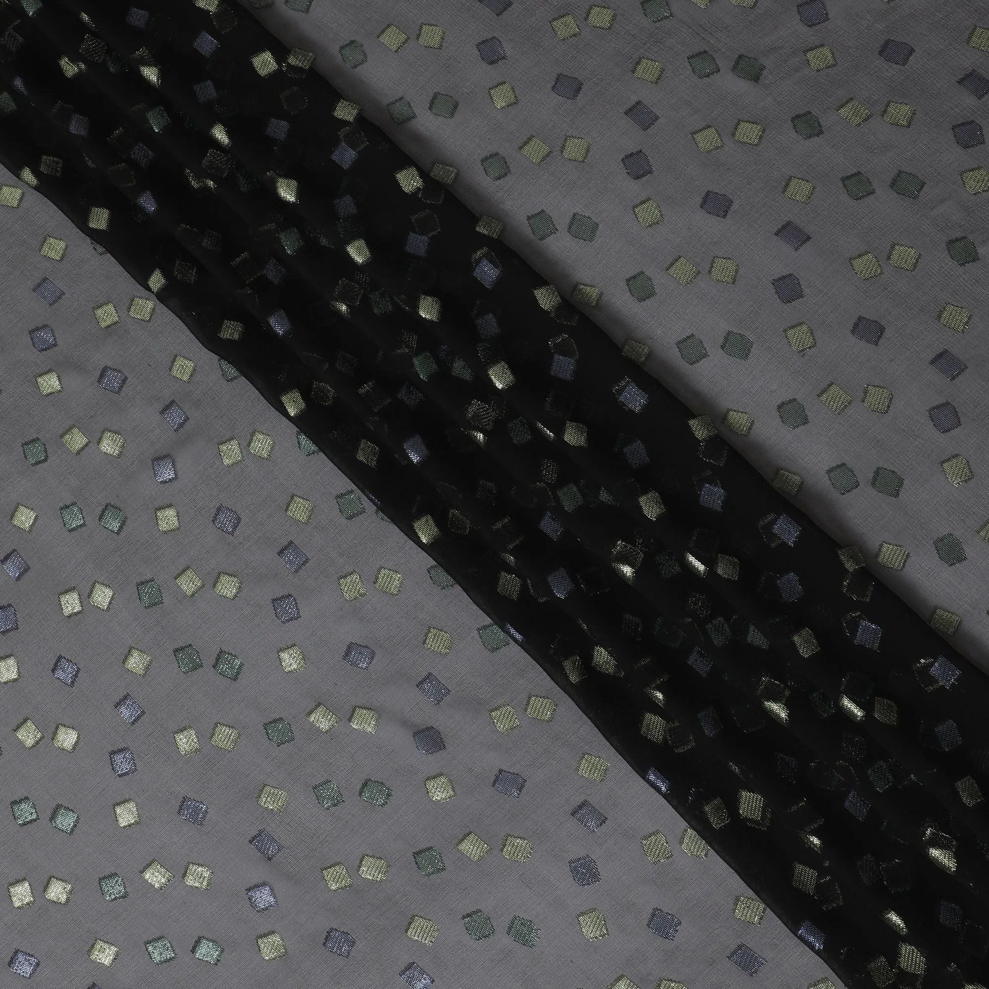 Black Premium pure French (Fransawi) silk chiffon fabric with blue and lime green metallic lurex in geometric design-D16439