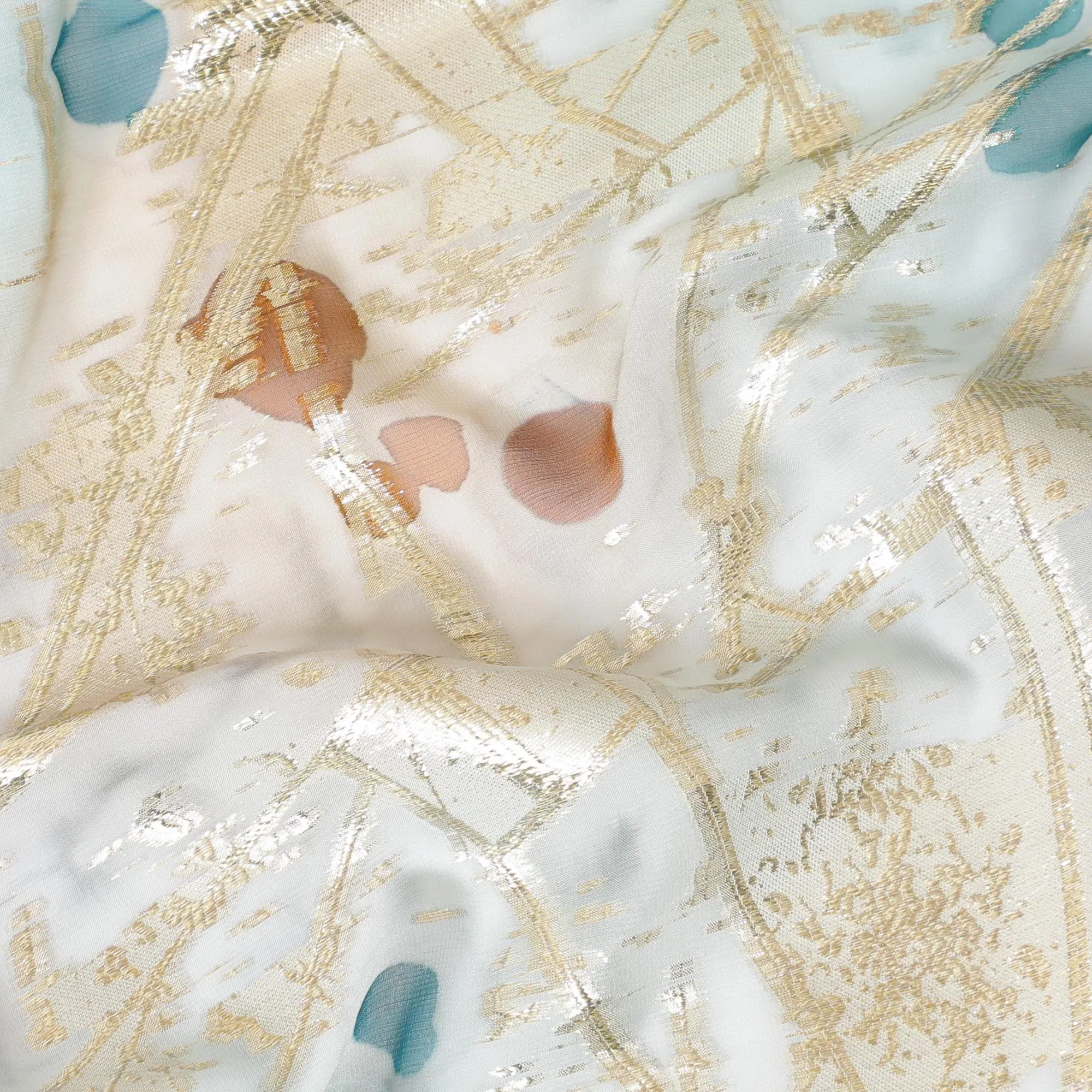Multicolor premium hand printed pure silk chiffon fabric with gold metallic lurex in floral design-D9415