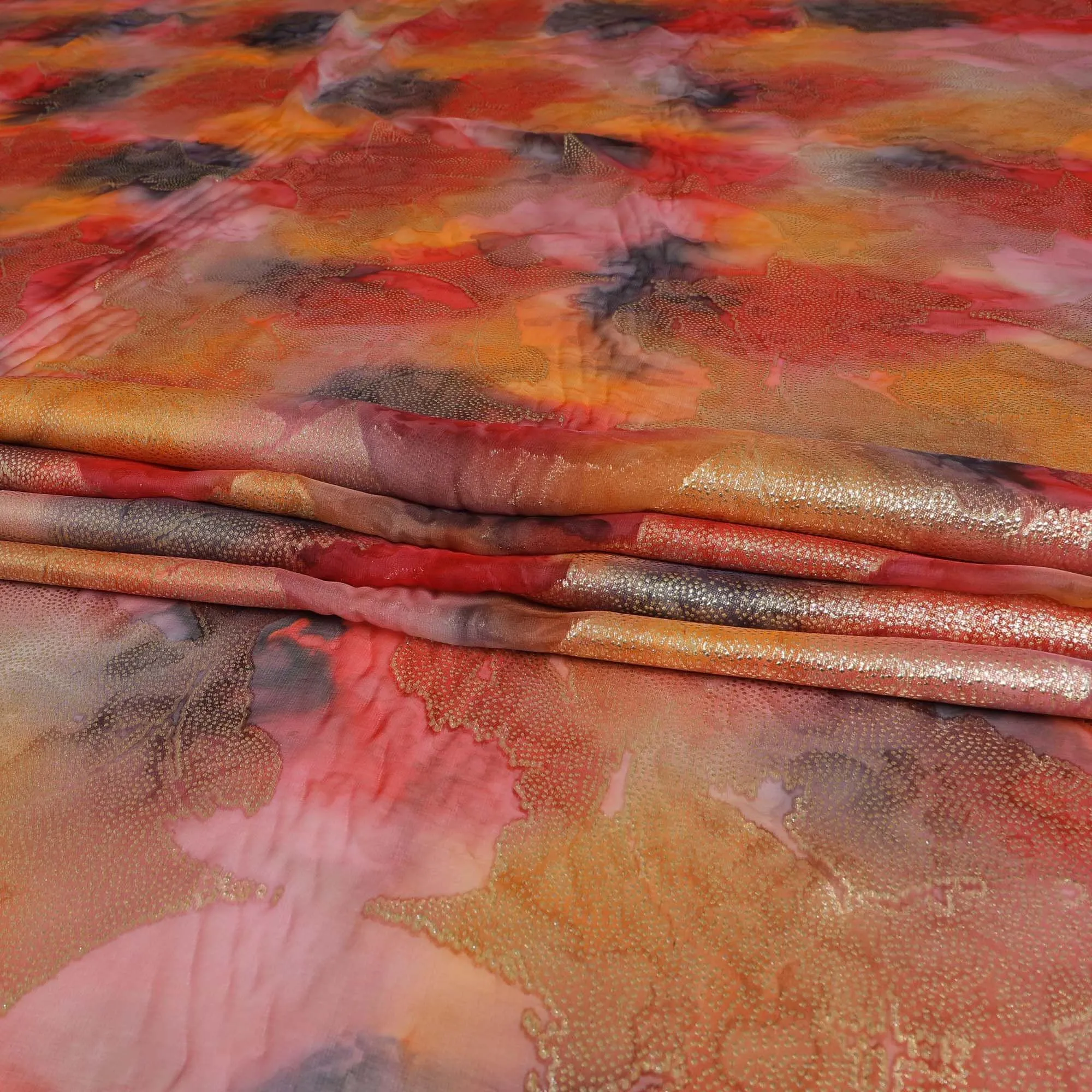 Multicolor Premium pure silk chiffon fabric with gold metallic lurex in floral design-D9276