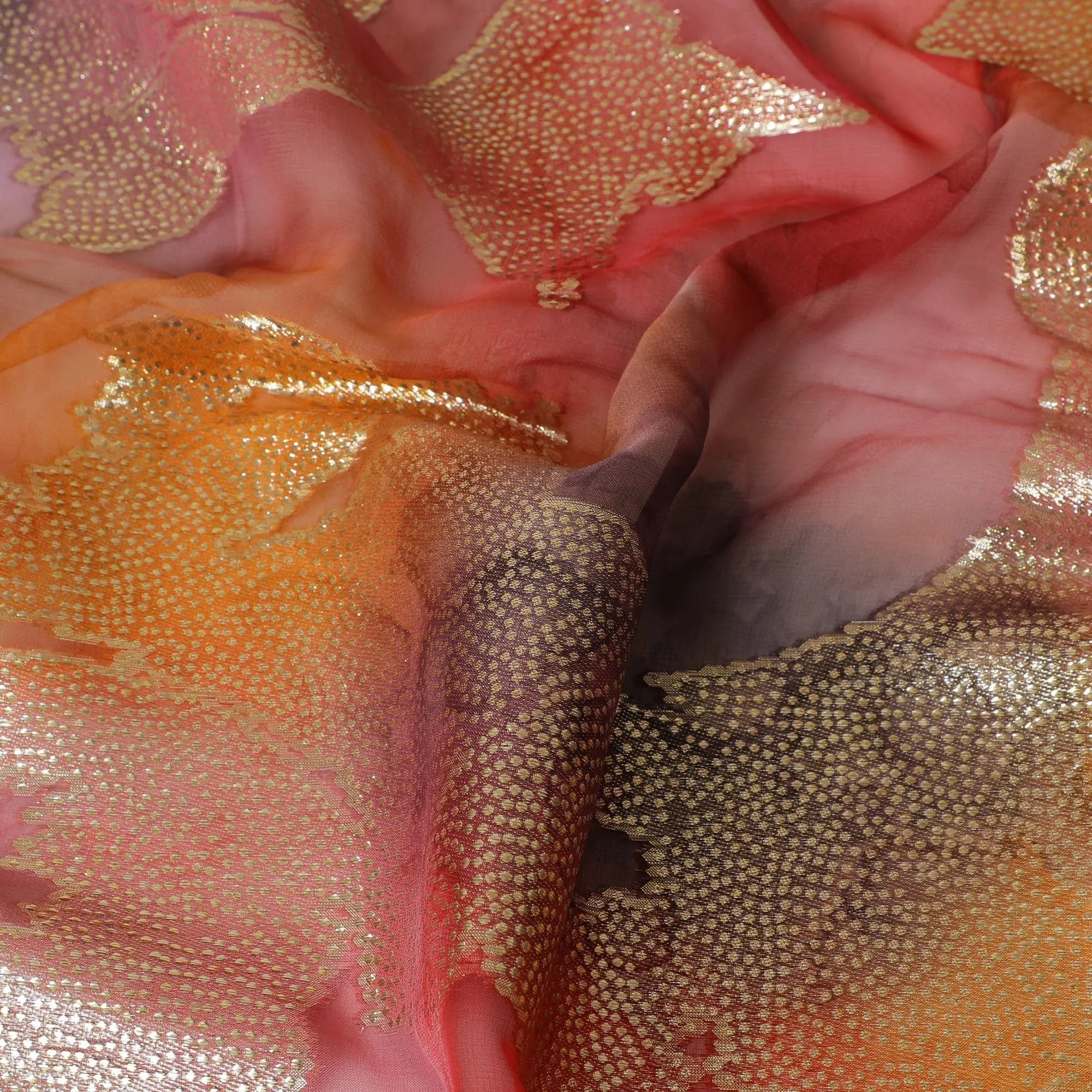 Multicolor Premium pure silk chiffon fabric with gold metallic lurex in floral design-D9276