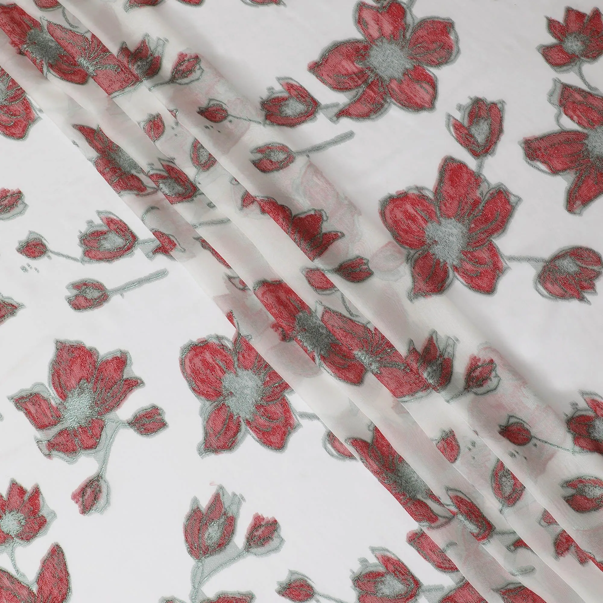 Off white premium pure French (Fransawi) silk chiffon fabric with crimson red viscose having bottle green metallic lurex in floral design-D14058