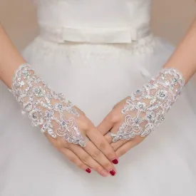Short Fingerless Crystal Red Lace Wedding Gloves | Bridelily